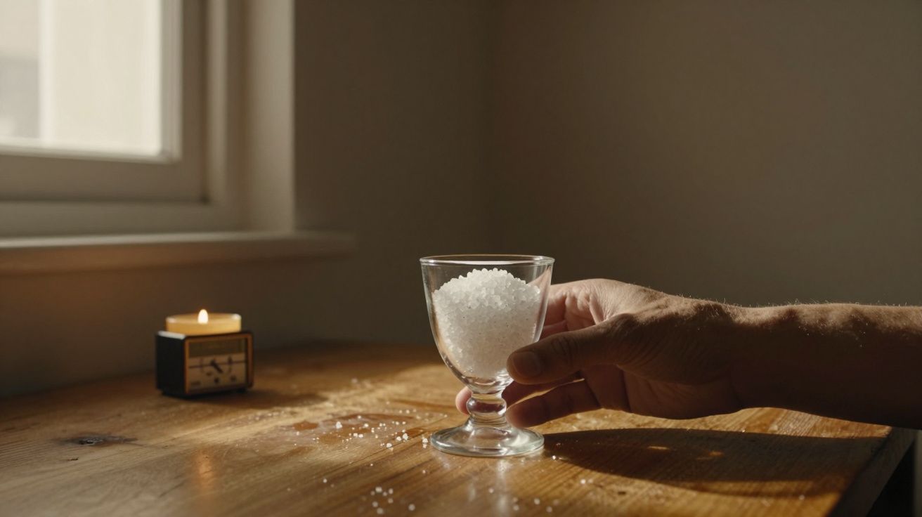 Mão segurando copo de vidro com sal sobre mesa de madeira, ao lado de uma pequena vela acesa.