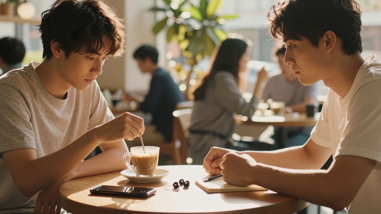 Dois jovens conversam numa cafeteria, com café e bloco de notas sobre a mesa. Ambiente descontraído e iluminado.