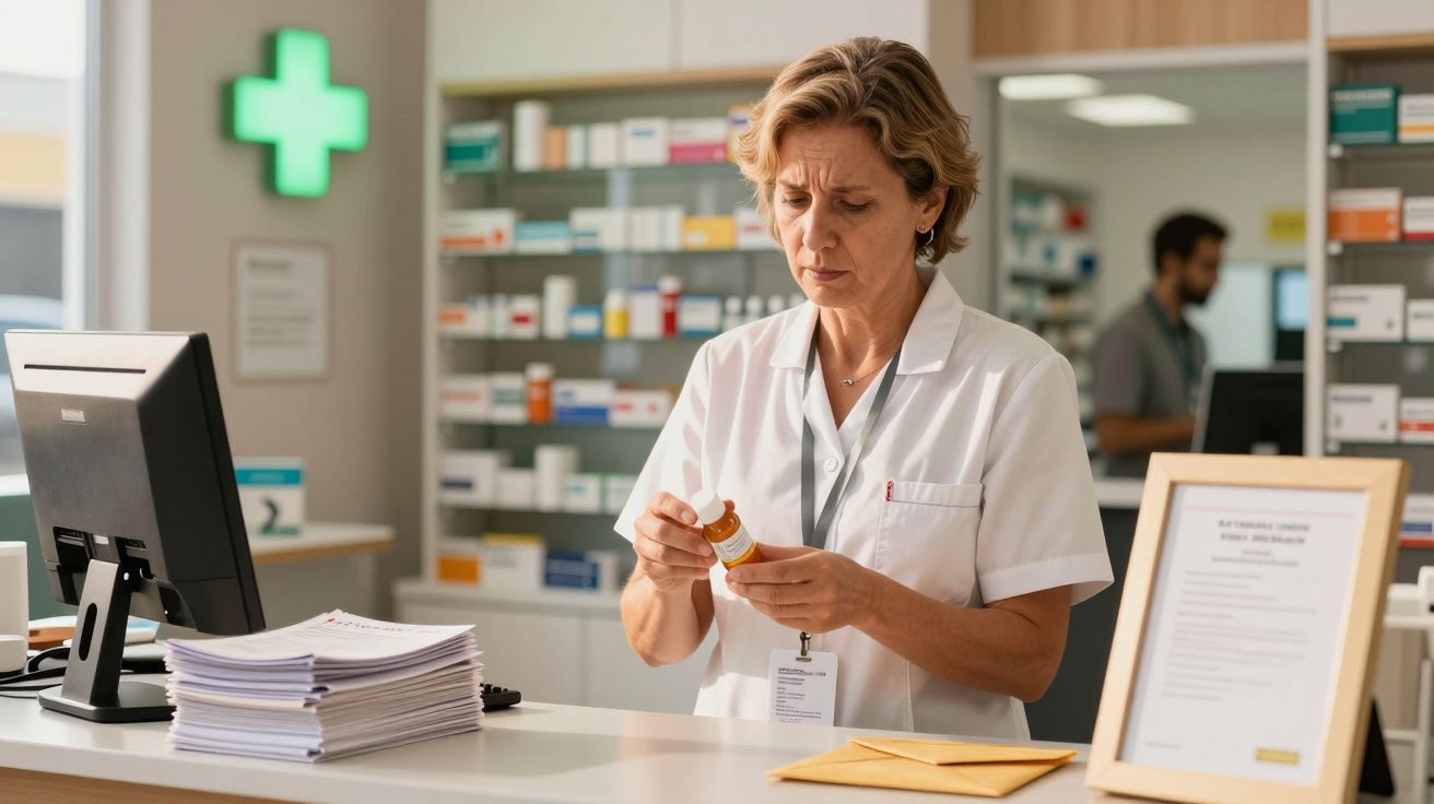 Farmacêutica examina frasco de medicamento atrás do balcão, com produtos em prateleiras e computador ao lado.