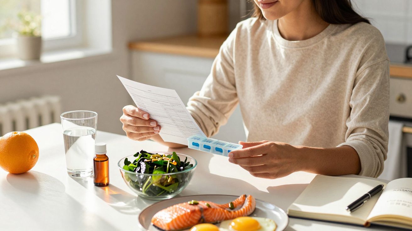 Mulher segura plano de saúde em mesa com salmão, ovos, salada e comprimidos.