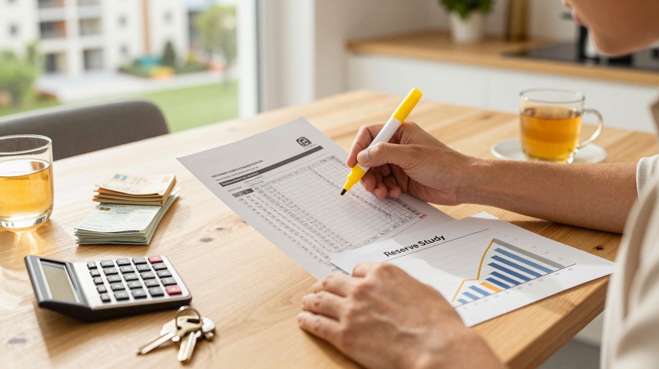 Pessoa escreve notas num gráfico financeiro, com calculadora, chávenas de chá e dinheiro na mesa.