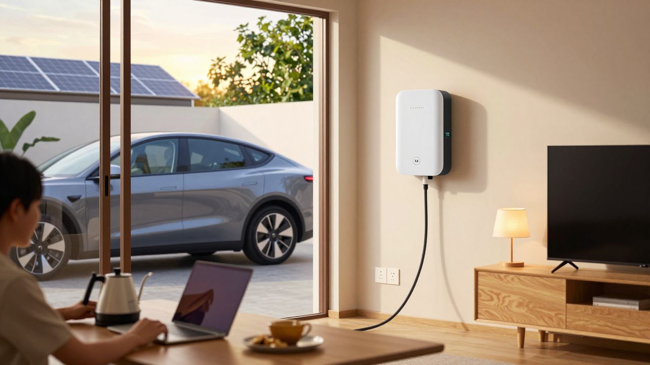 Sala moderna com carregador elétrico, carro e painéis solares ao fundo. Pessoa a trabalhar num portátil.