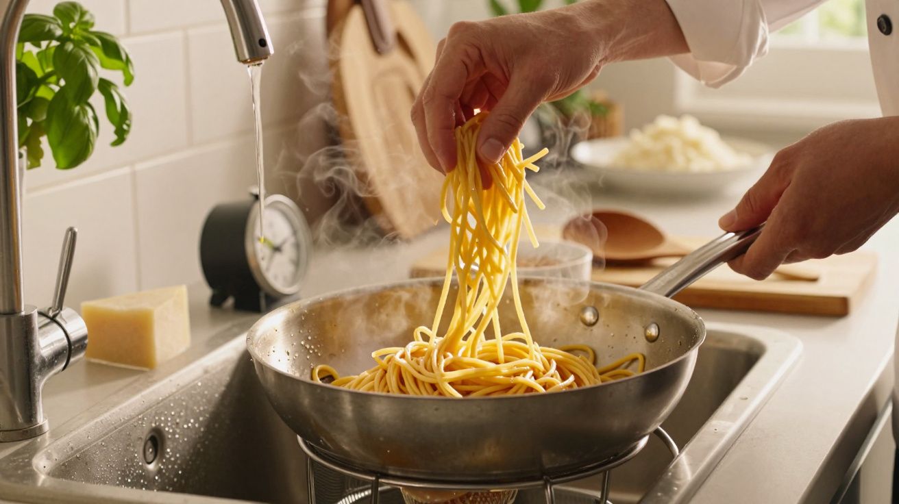 Mão a segurar esparguete quente numa panela de aço inoxidável numa cozinha bem iluminada.
