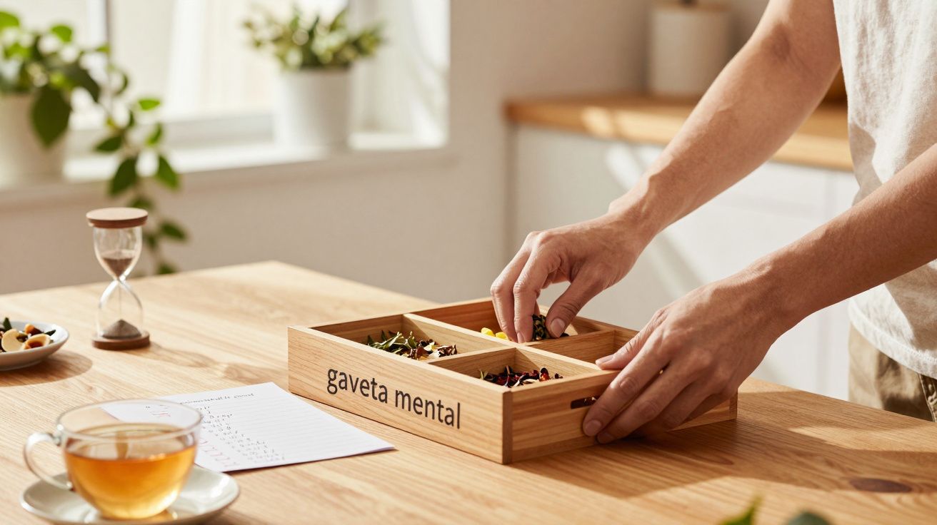 Mãos organizam caixa de madeira com ervas rotulada "gaveta mental" sobre mesa com chá, papel e ampulheta.