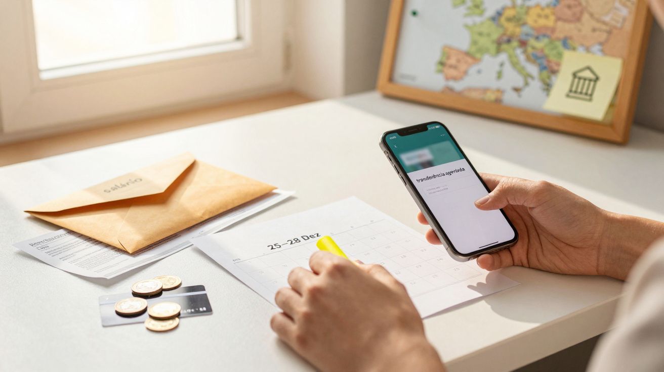 Pessoa a usar smartphone numa secretária com calendário, moedas e envelope. Mapa da Europa ao fundo.