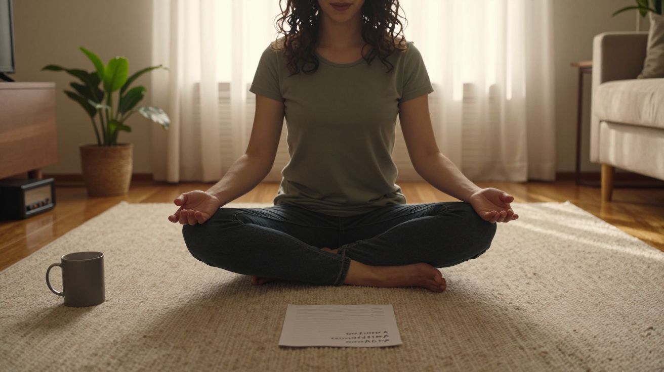 Mulher sentada no chão a meditar em casa, com plantas e chávena ao fundo.