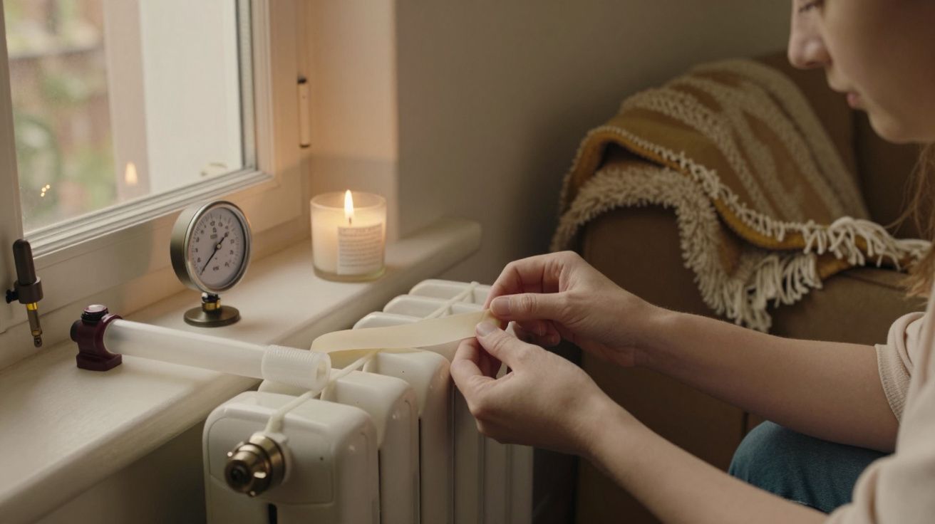 Mulher ajusta aquecedor sob janela; vela e almofada na mesa ao lado.