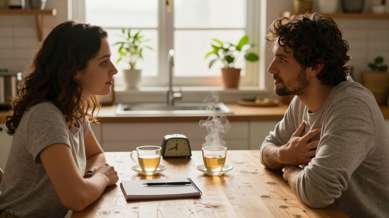 Homem e mulher conversam numa cozinha, com chá em chávenas e plantas no fundo.
