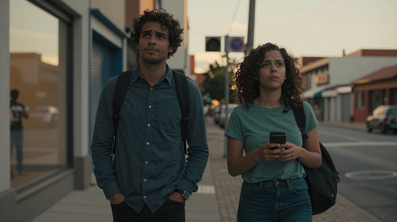 Homem e mulher a caminhar numa rua urbana ao entardecer; ambos usam mochilas e a mulher segura um telemóvel.