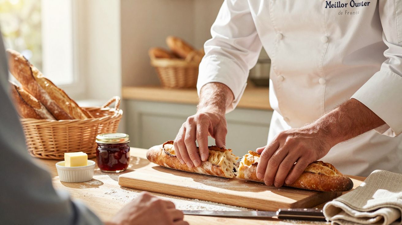 Padeiro fatiando baguete numa tábua, com manteiga e compota ao lado, numa cozinha iluminada pelo sol.