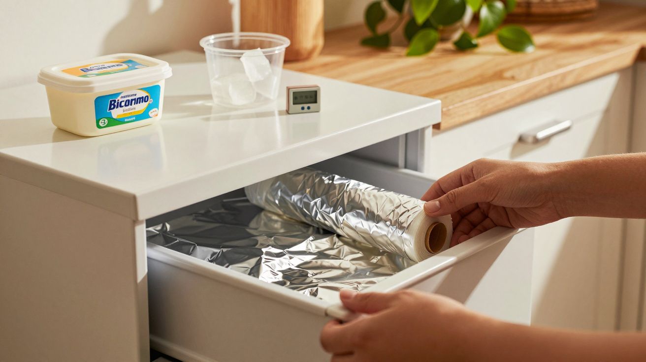 Mãos puxando rolo de papel alumínio de gaveta em cozinha branca, com bicarbonato e planta ao fundo.