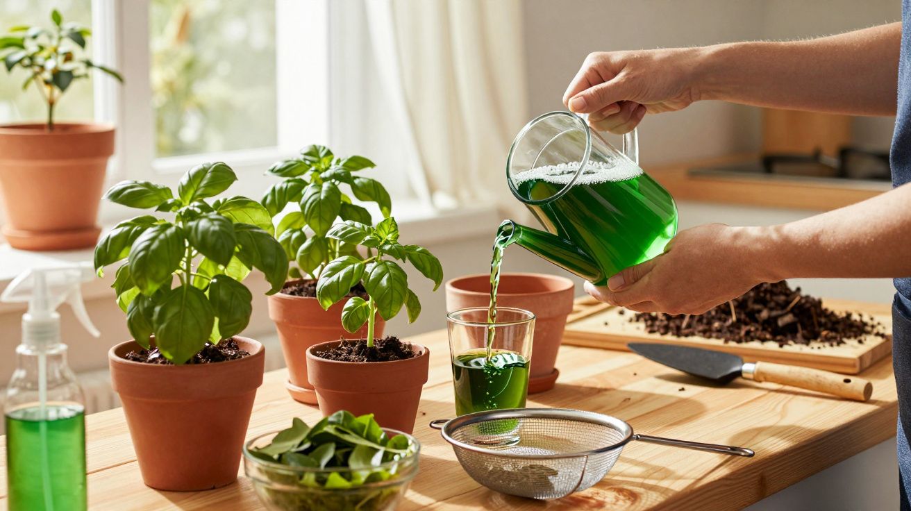 Pessoa a regar plantas de manjericão na cozinha com fertilizante líquido verde.