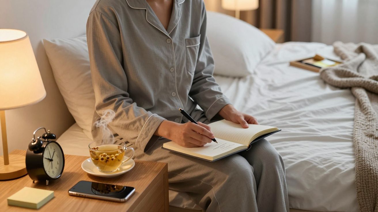 Pessoa em pijama cinzento escreve num bloco de notas sentada na cama. Ao lado, chá quente, despertador e telemóvel.