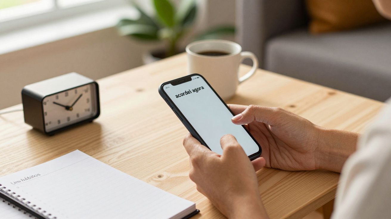 Pessoa segurando telemóvel com texto "acordar agora" numa mesa com relógio, caderno e uma chávena de café.