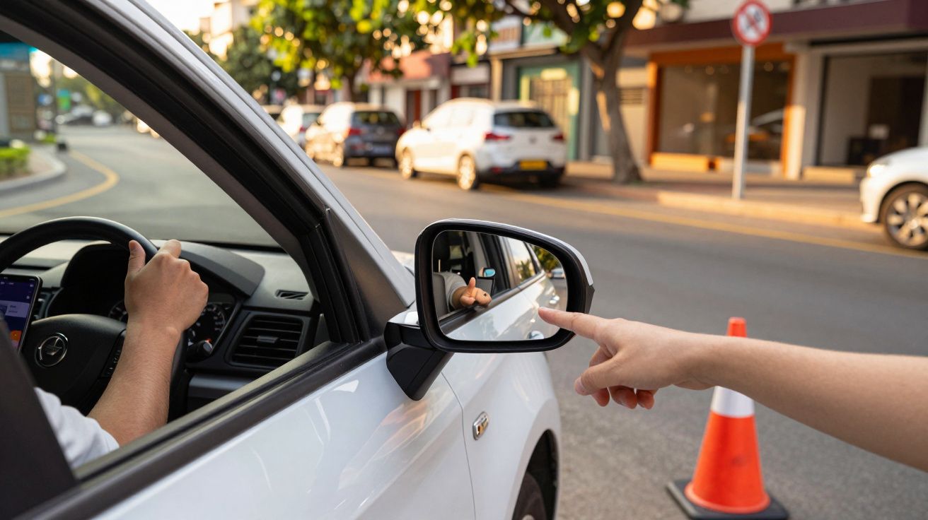 Pessoa a apontar para o espelho lateral de um carro branco numa estrada urbana com trânsito e cone de trânsito.