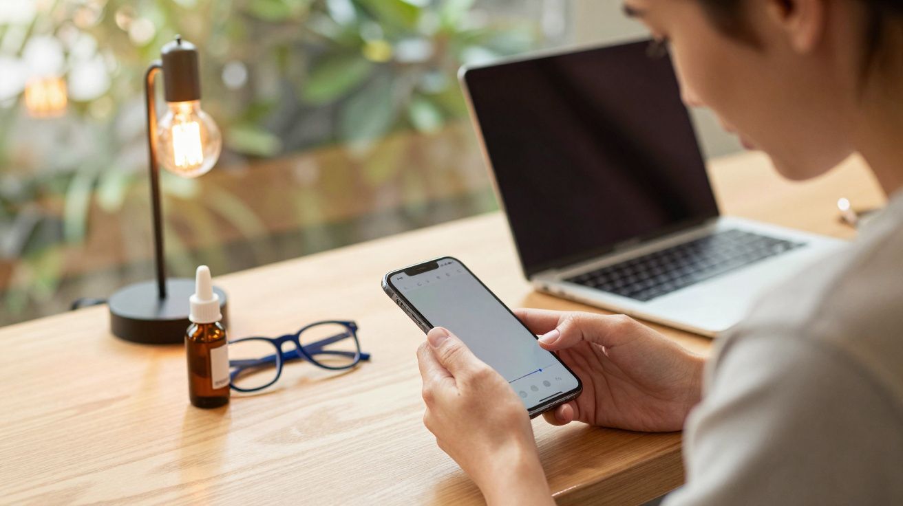 Pessoa a usar um smartphone numa secretária com portátil, óculos, frasco e candeeiro aceso.