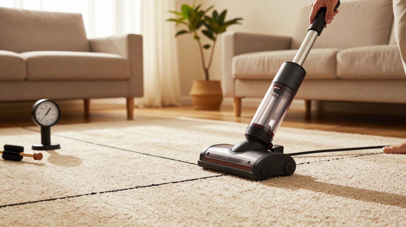 Pessoa a aspirar um tapete bege numa sala, com sofás e uma planta ao fundo.