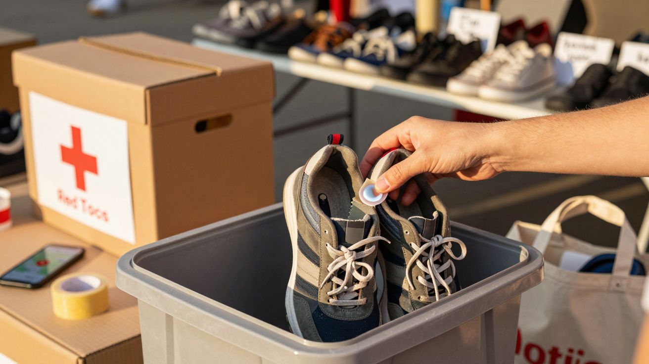 Mão coloca ténis numa caixa de doações junto a uma mesa com sapatos num evento de caridade.