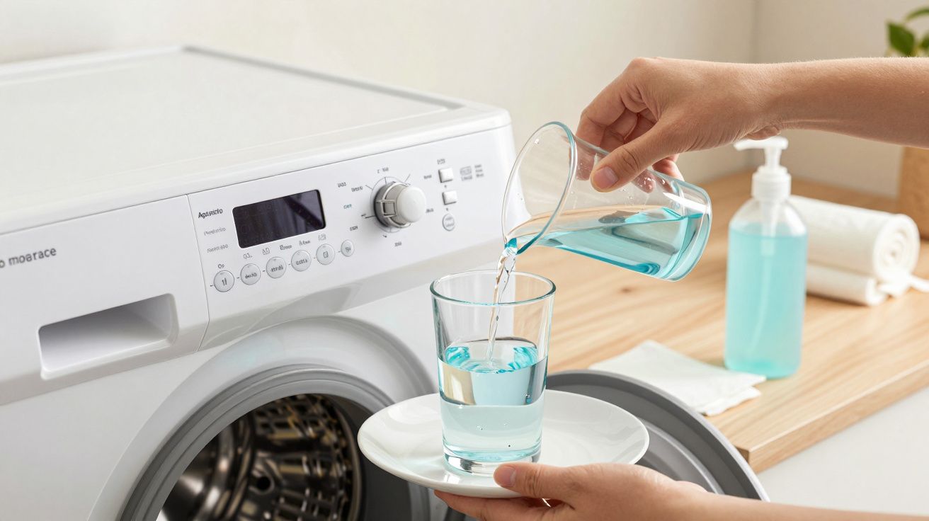 Pessoa a despejar líquido azul num copo em frente a uma máquina de lavar roupa branca aberta.