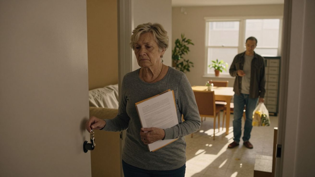 Mulher idosa com papéis na mão, abrindo a porta; homem ao fundo numa sala iluminada.