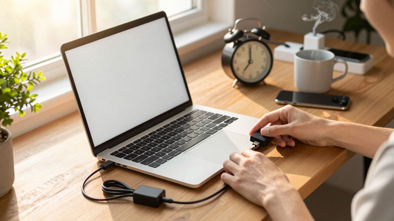 Pessoa liga portátil a um cabo USB numa secretária com relógio, chávena e plantas.