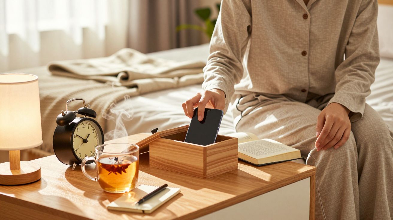 Pessoa em pijama a guardar smartphone numa caixa de madeira ao lado de chávena de chá, livro, caderno e despertador.