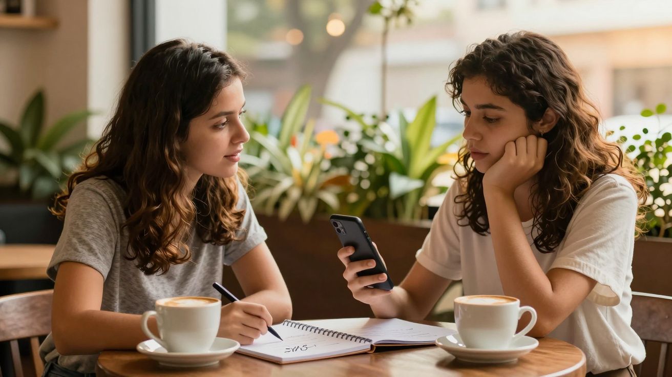 Duas mulheres conversam num café, uma delas segura um telemóvel e a outra anota num caderno; ambas com cafés à frente.