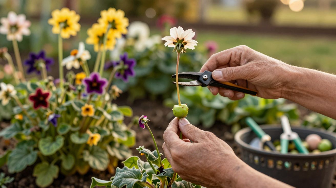 Mãos podam uma flor branca num jardim colorido, com tesoura de poda, ao lado de ferramentas de jardinagem.