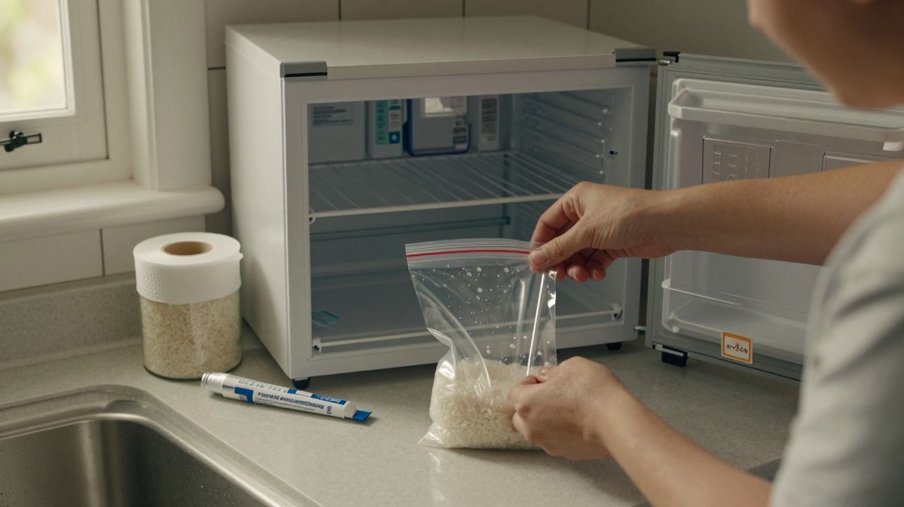 Pessoa a armazenar arroz num saco zip perto de um pequeno frigorífico aberto e rolo de papel higiénico.