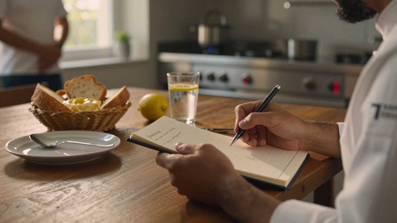 Homem a escrever num caderno numa cozinha, com prato, copo de água e cesto de pão sobre a mesa.