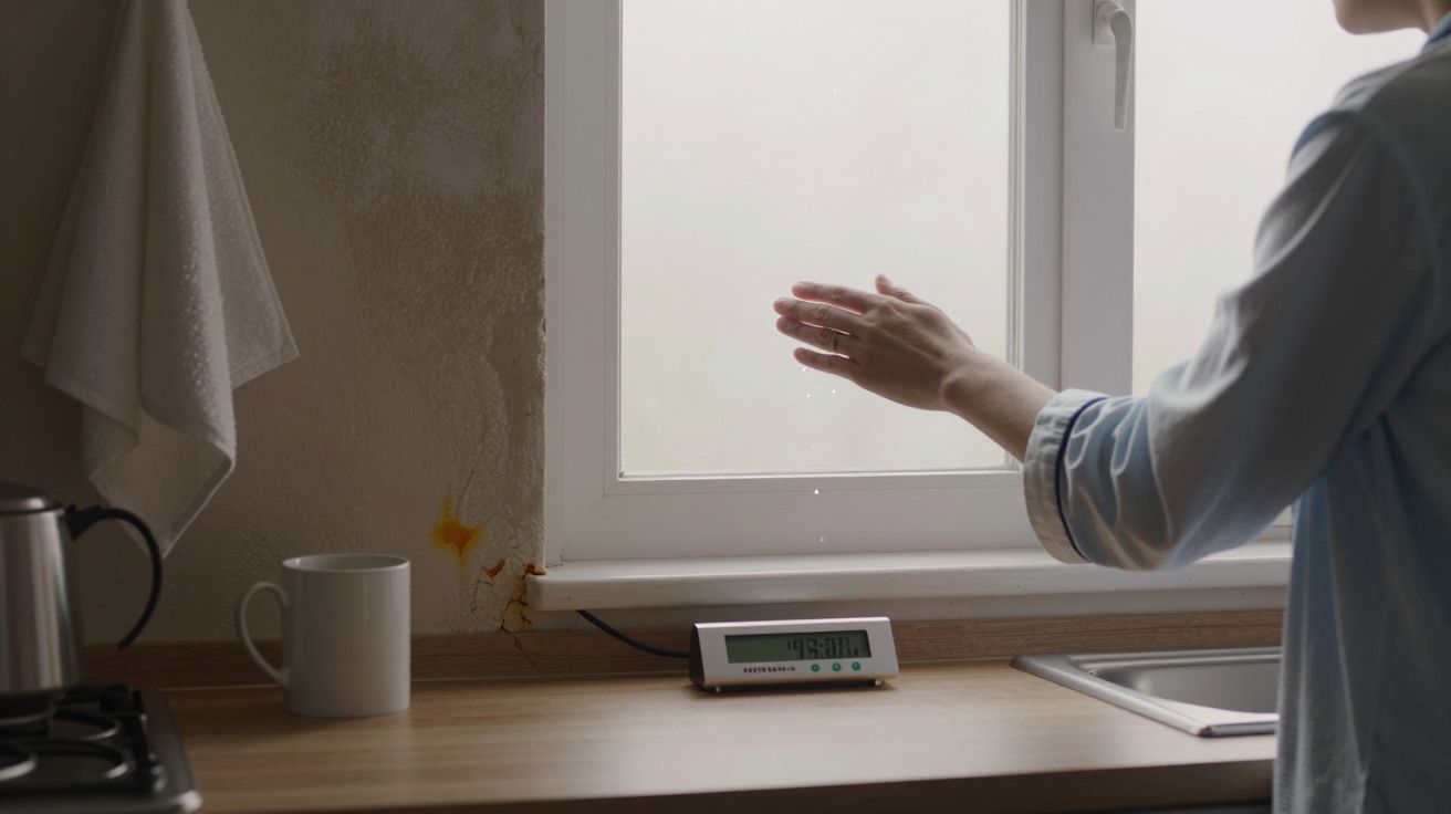 Mãos estendidas em frente a uma janela com dispositivo de temperatura, chávena e chaleira na bancada de madeira.