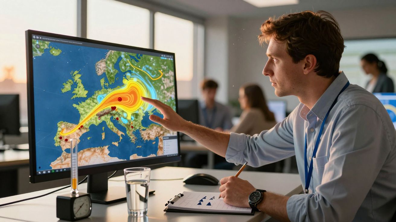 Homem a analisar mapa meteorológico no ecrã de um computador, apontando para um sistema de pressão sobre a Europa.