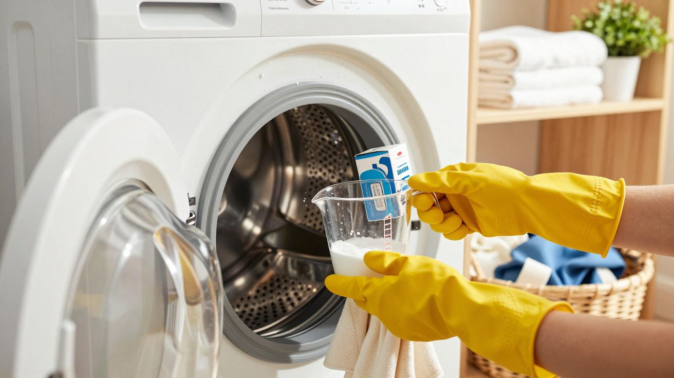 Pessoa com luvas amarelas adiciona detergente a uma máquina de lavar roupa aberta.