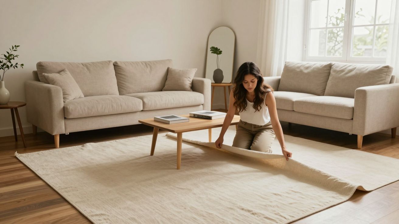 Mulher a desdobrar tapete bege numa sala moderna com sofás e mesa de centro em madeira clara.