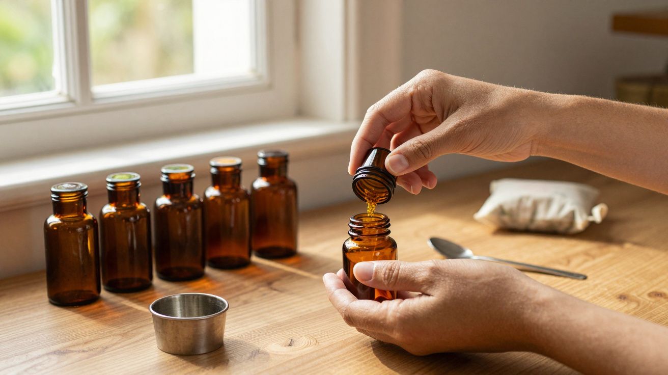 Mãos vertem líquido âmbar em frasco sobre mesa de madeira, com frascos adicionais alinhados ao fundo próximo a janela.