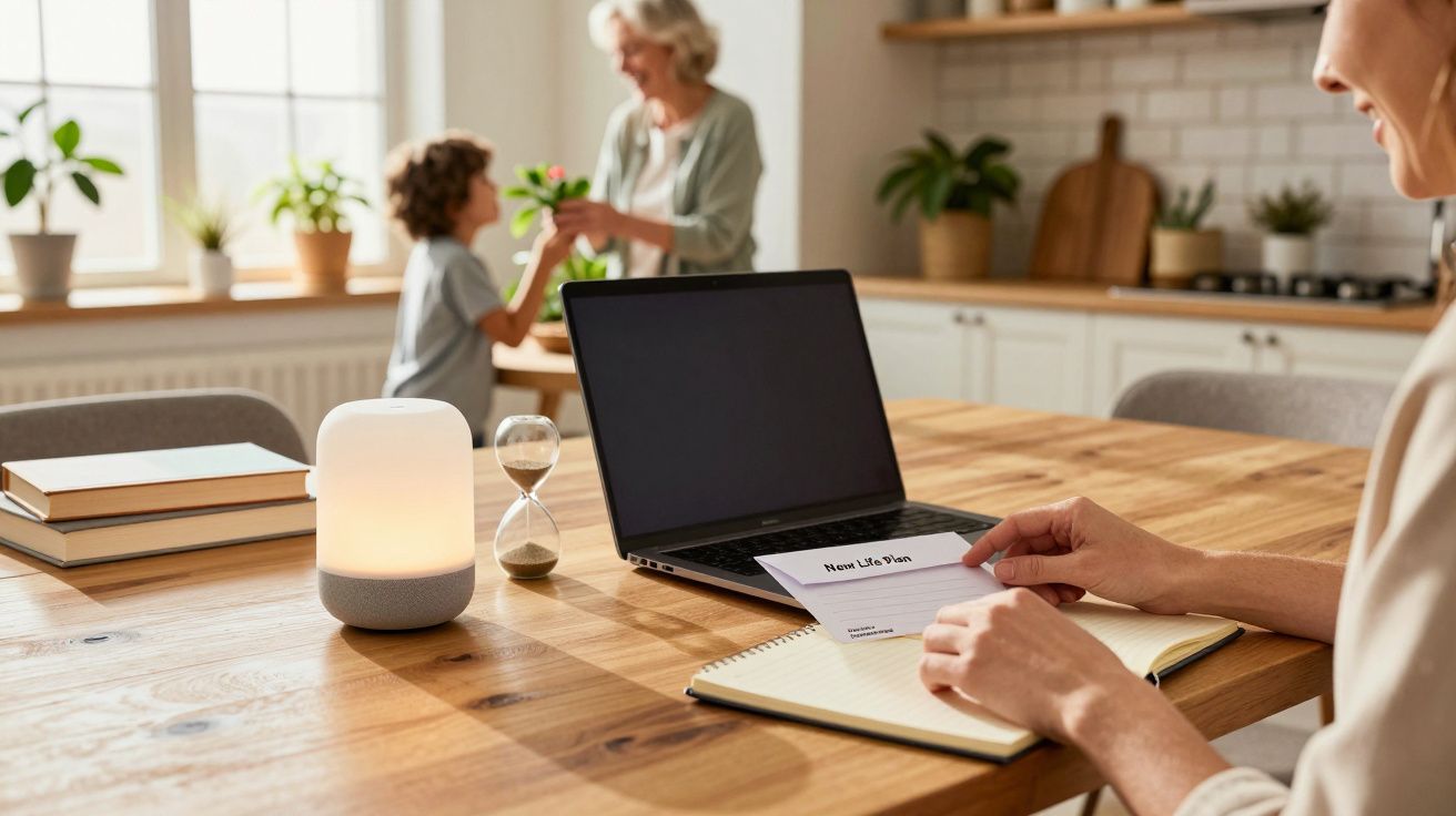 Pessoa a trabalhar numa mesa de madeira com portátil, planta e ampulheta; outras duas pessoas ao fundo, numa cozinha iluminad