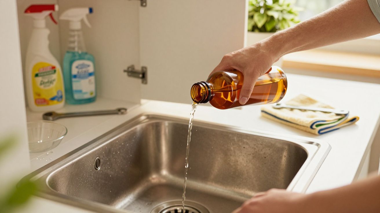 Pessoa a despejar líquido da garrafa castanha no lava-loiça com produtos de limpeza ao fundo.