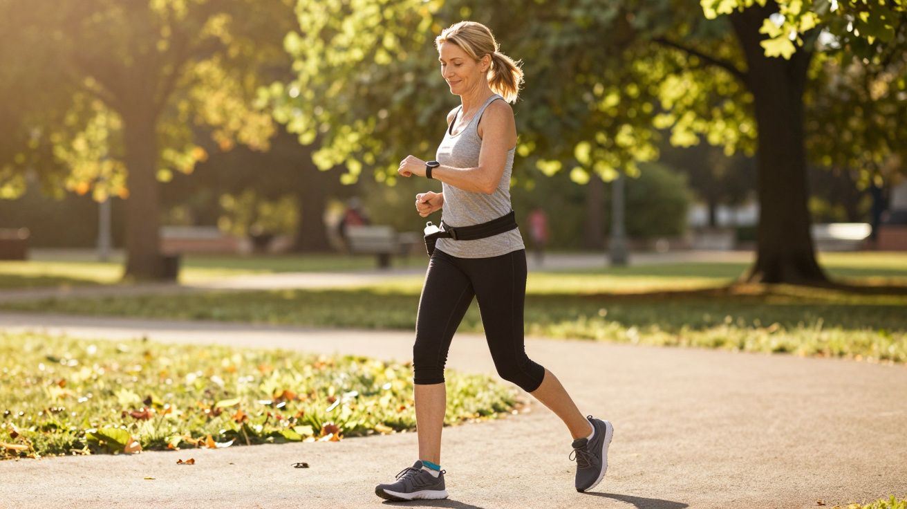 Mulher a correr num parque ensolarado com árvores ao fundo. Ela usa roupa de desporto e relógio de fitness.