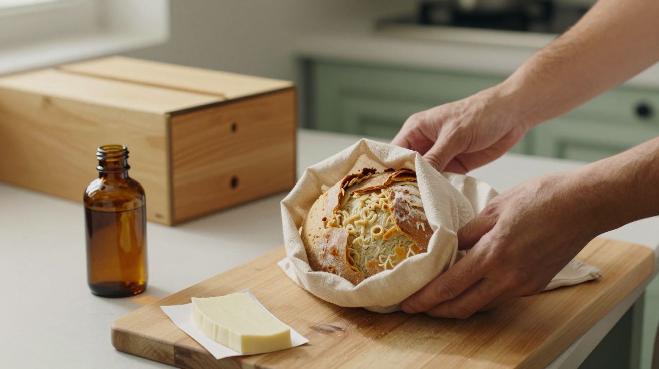 Mãos seguram pão acabado de sair do forno sobre tábua de madeira com manteiga e frasco de vidro ao lado.
