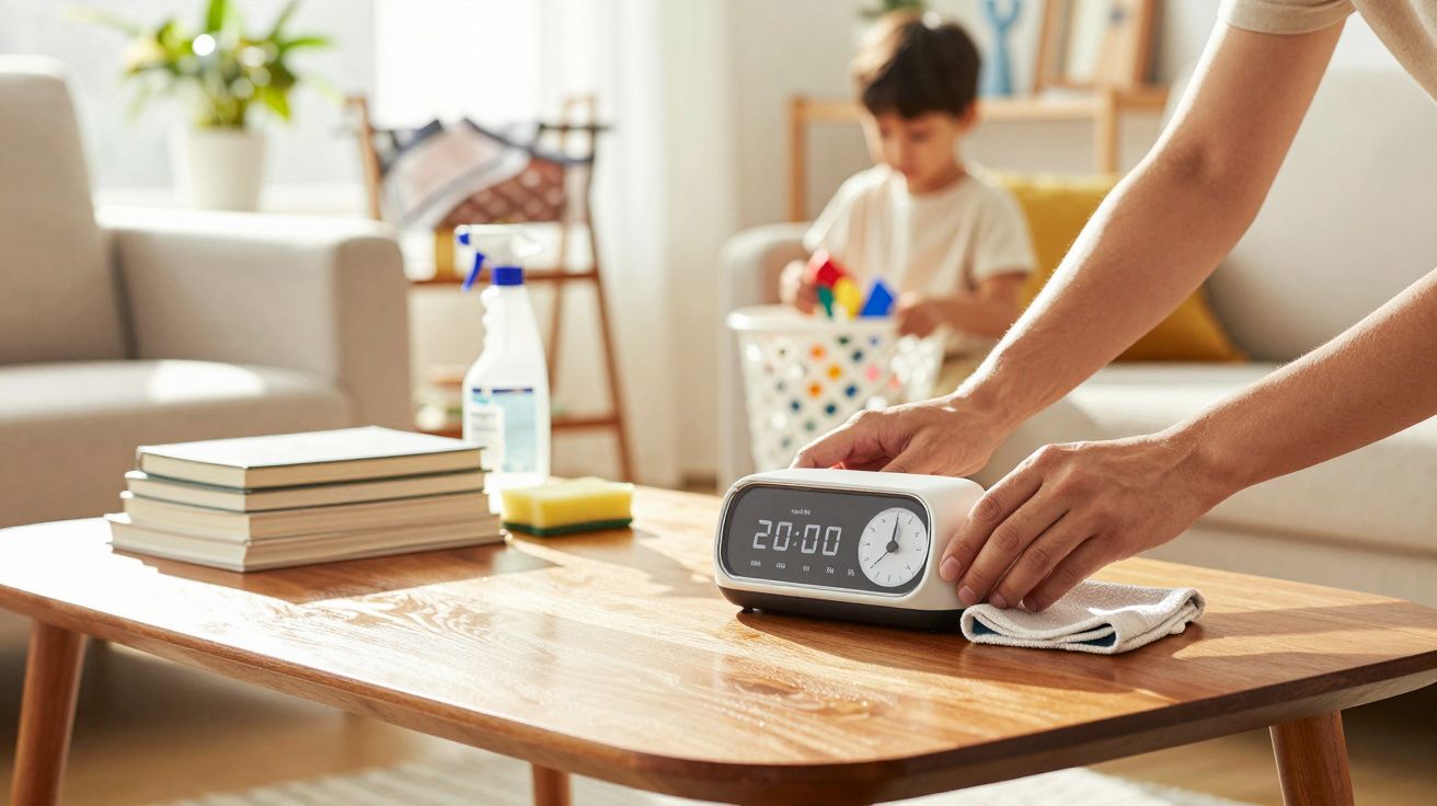 Pessoa a limpar mesa com relógio digital, livros e brinquedos ao fundo, numa sala de estar iluminada.