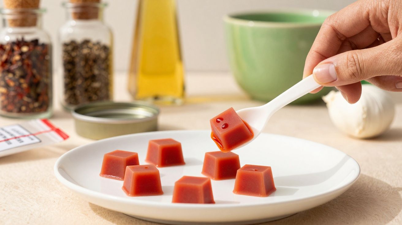 Mão segurando colher com cubo de gelatina vermelha em prato branco, ao lado de frascos de especiarias.