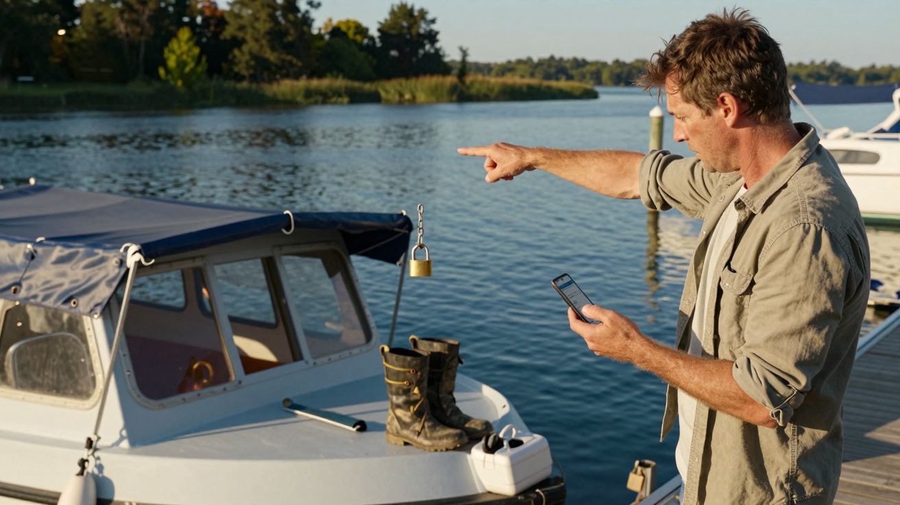 Homem aponta para lago enquanto segura telemóvel, com um barco pequeno e botas no cais ao lado.