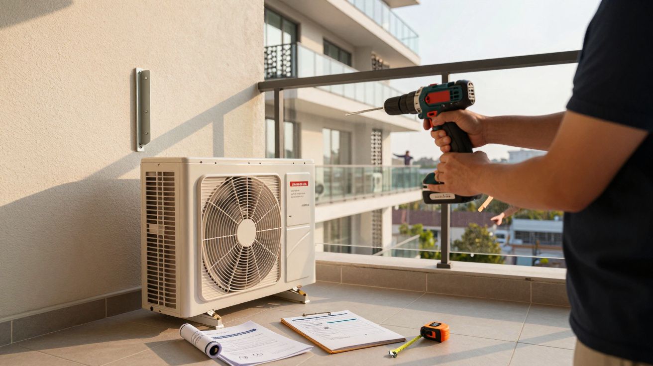 Pessoa instala ar condicionado numa varanda, segurando uma broca elétrica com papéis e ferramentas no chão.
