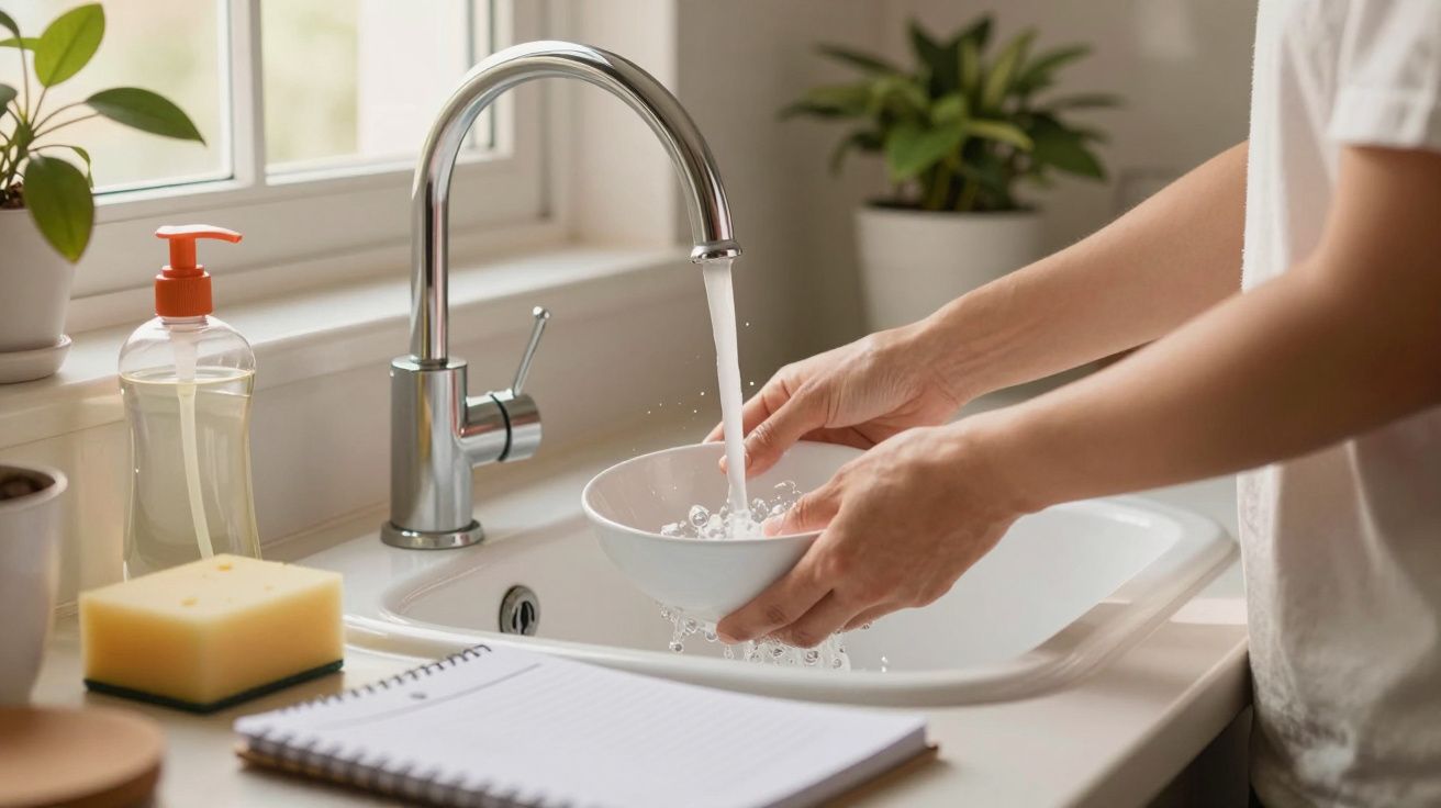 Pessoa lava prato branco na pia da cozinha com água corrente, planta ao fundo e bloco de notas na bancada.