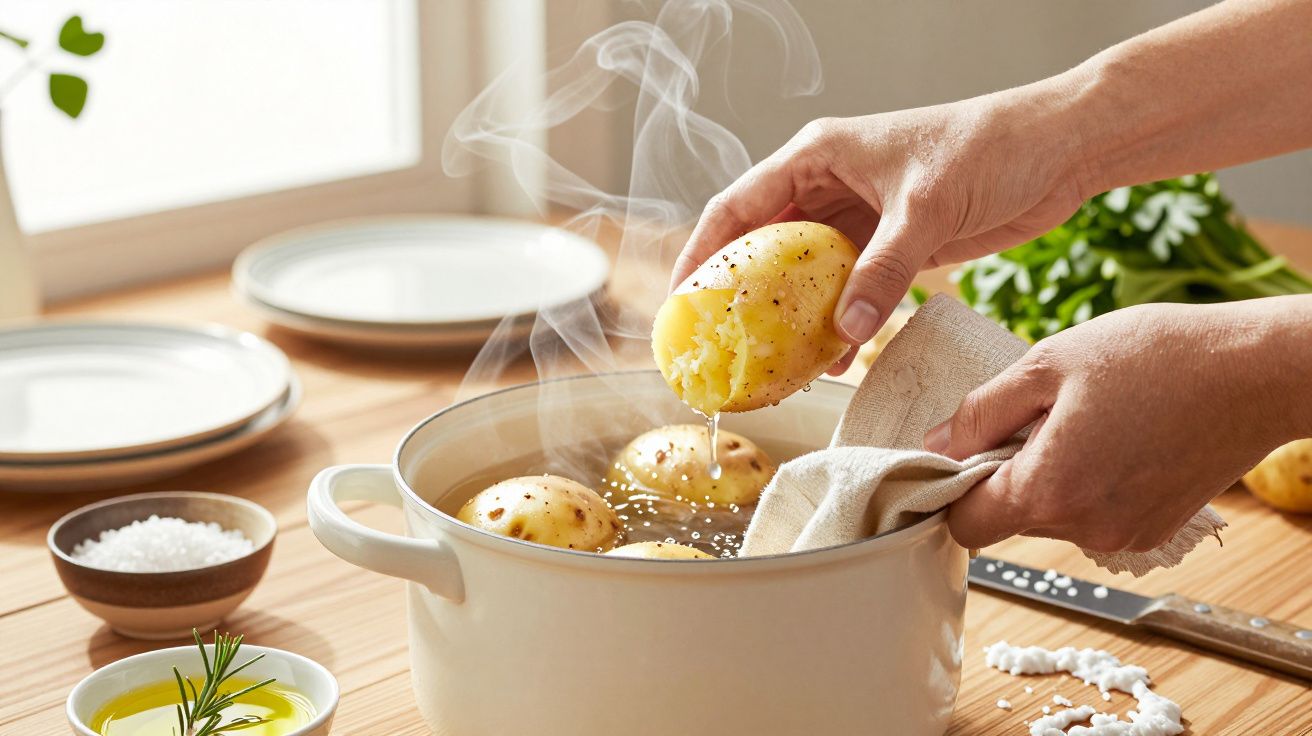 Pessoa descascando batata cozida, fumegando, em panela branca sobre mesa de madeira, com ervas e sal ao lado.