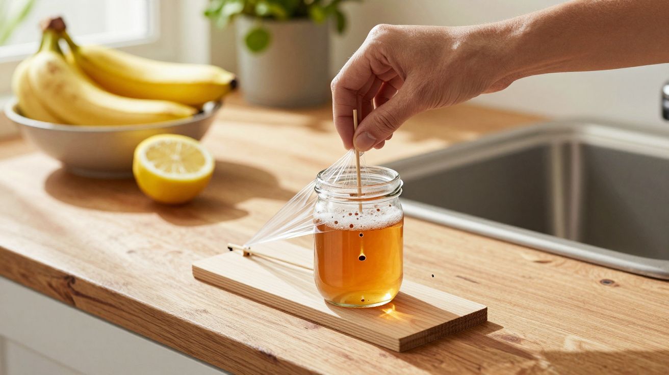 Mão usando palitos num frasco com líquido âmbar coberto por película aderente, bananas e limão ao fundo.