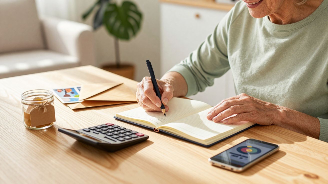 Pessoa idosa escreve num caderno, com uma calculadora e um telemóvel na mesa.