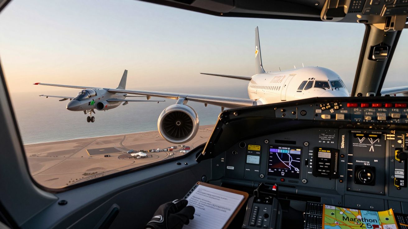 Cabine de piloto com vista para dois aviões em formação sobrevoando a costa ao pôr do sol.
