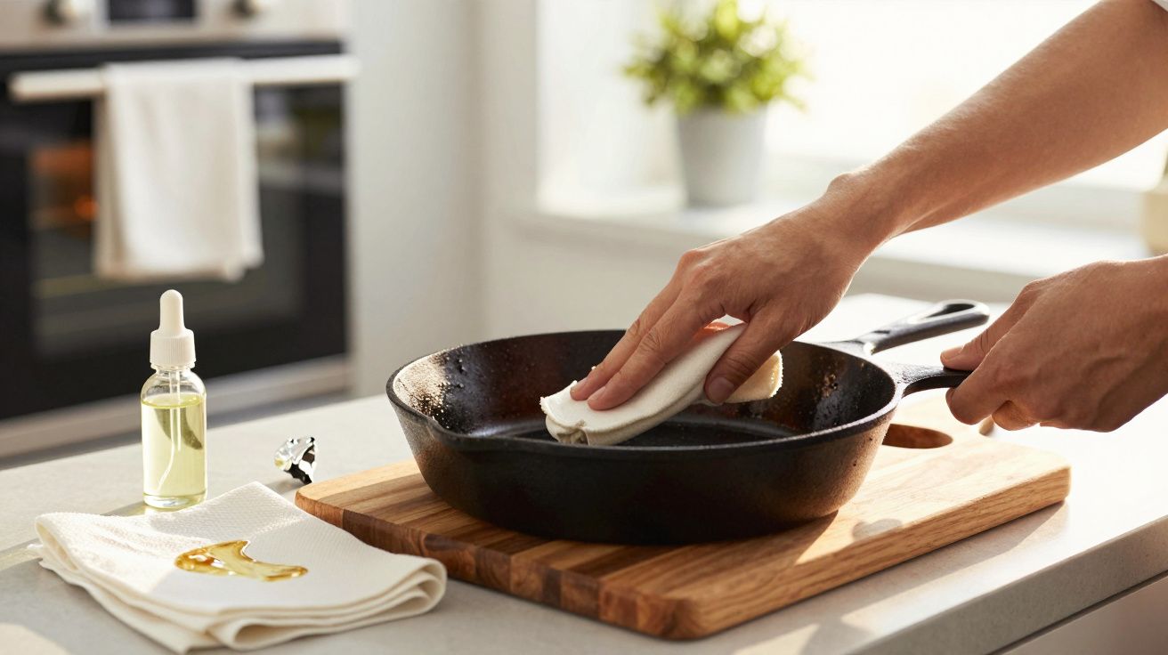 Mãos limpam uma frigideira de ferro fundido com um pano sobre uma tábua de madeira, frasco de óleo ao lado.