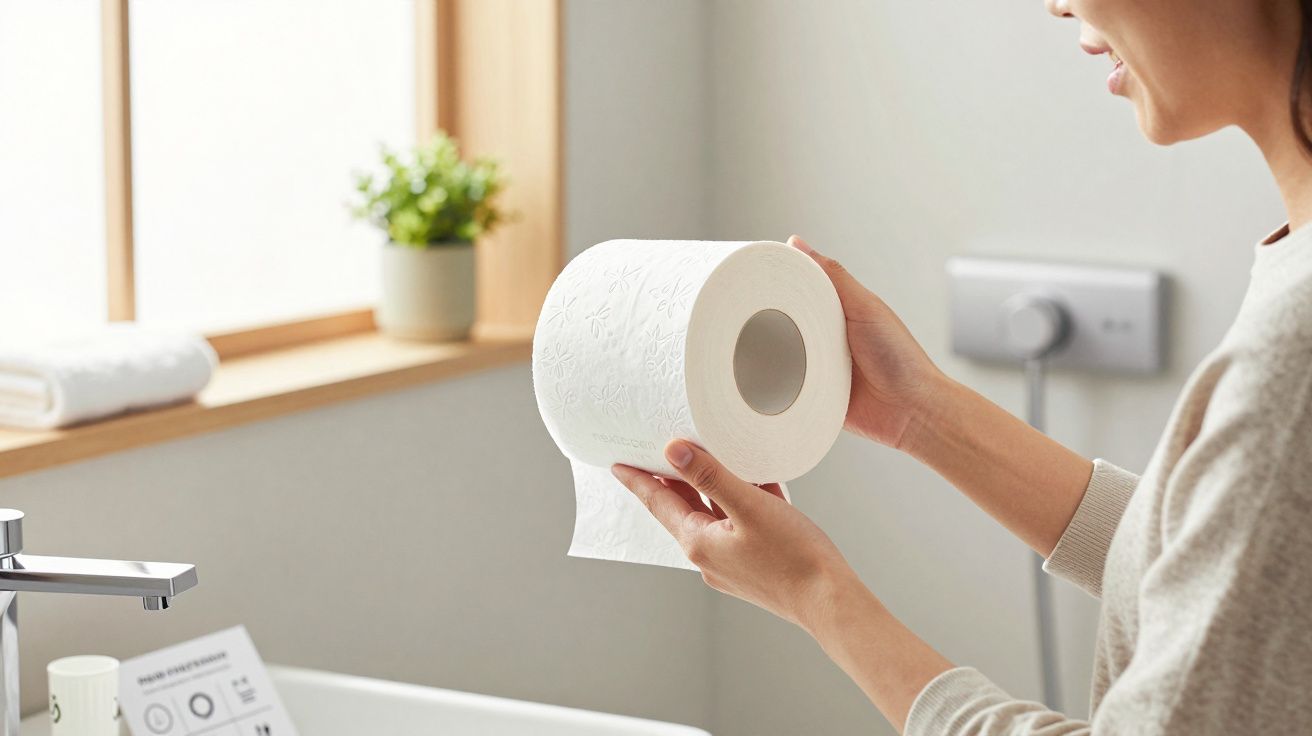 Pessoa segurando um rolo de papel higiénico branco numa casa de banho com janela e planta ao fundo.